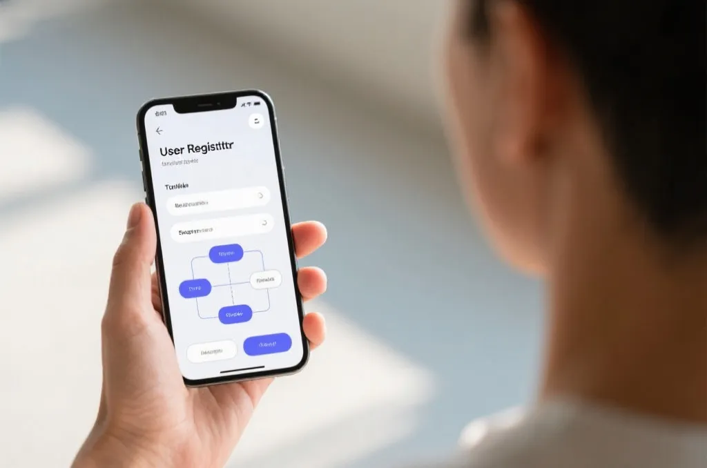 A person holding a smartphone showing a clean user registration and tutorial flow chart, friendly user interface design, bright lighting