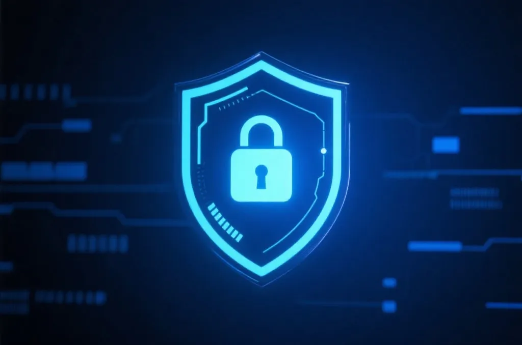 A secure digital shield and a glowing padlock icon on a dark blue technology background